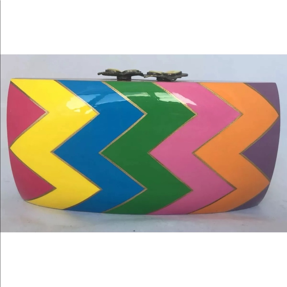 New Handmade Minaudière Clutch Wood French Lacquer Zigzag Print Rainbow Bag